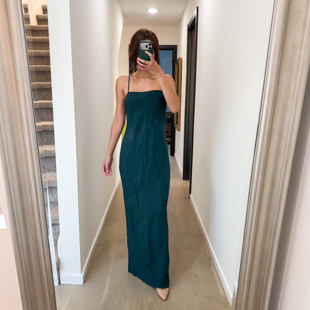 Posse Carter Slip Maxi Dress Vacation Linen Blend Tropical Green Formal XS